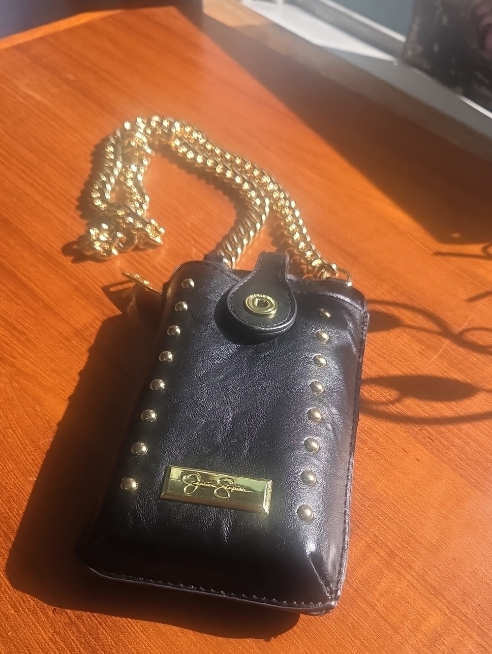 Jessica Simpson Black Crossbody Phone Bag with Heavy Gold Chain